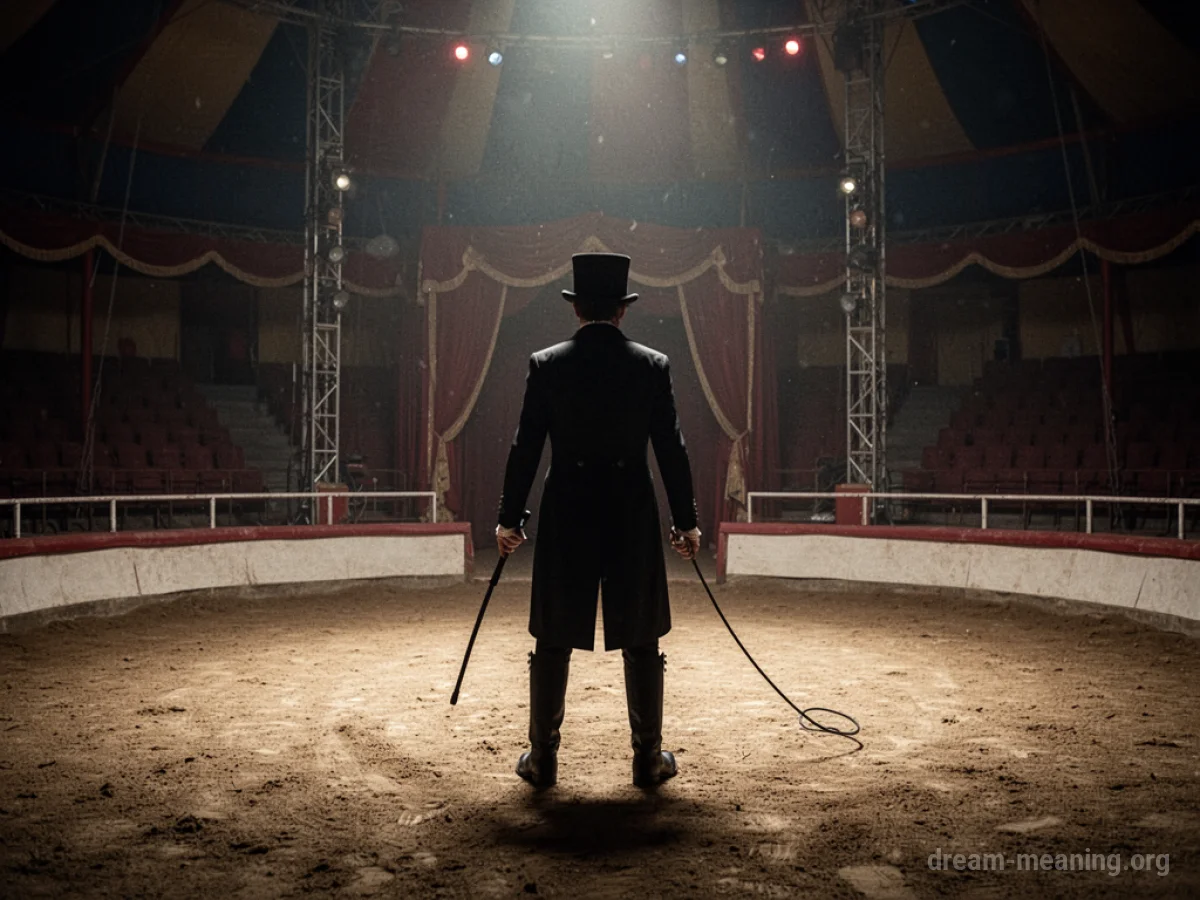 Silhouette of a person in a top hat in an empty circus ring.