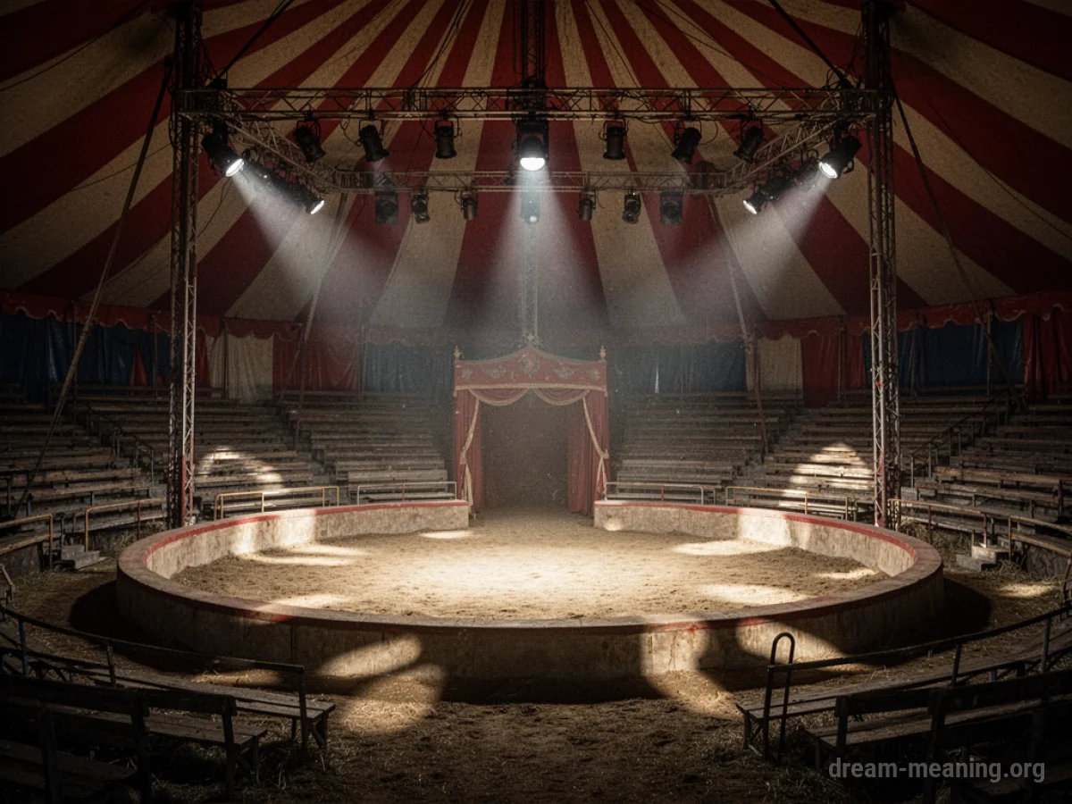 An empty circus tent with spotlights on the center ring.