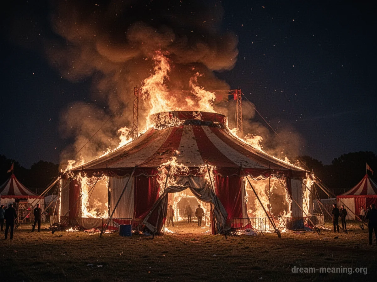 A circus tent burning with flames and smoke.