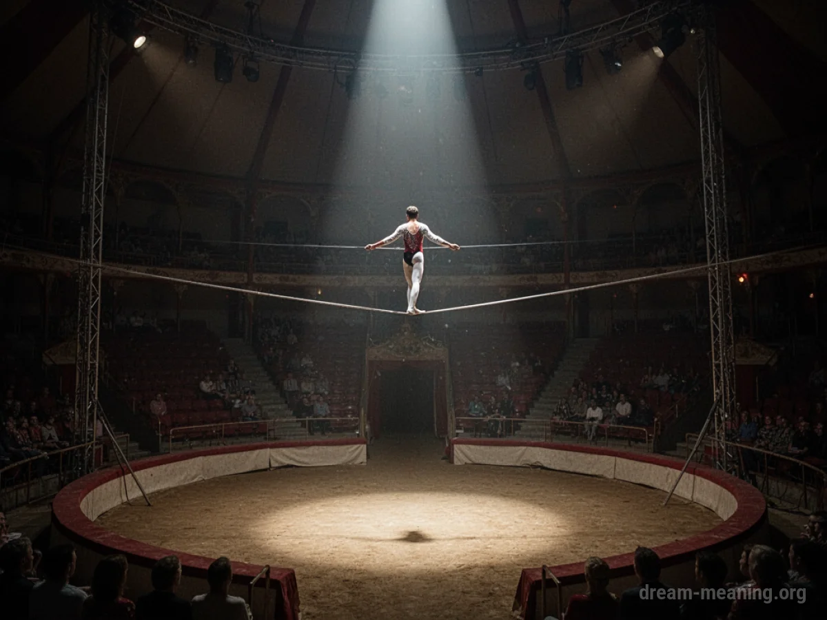 A single figure walks a tightrope in a large, dark circus tent.
