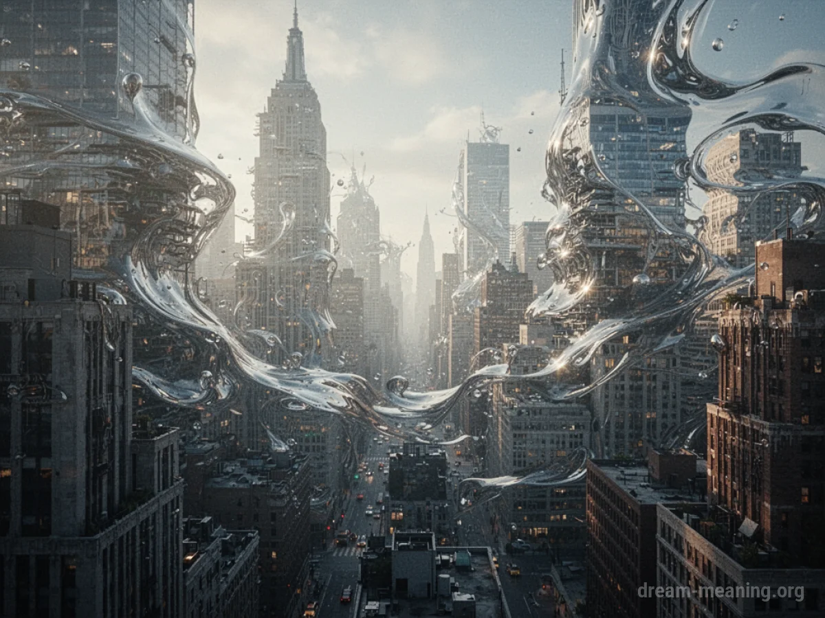 A city skyline with buildings in the process of morphing.