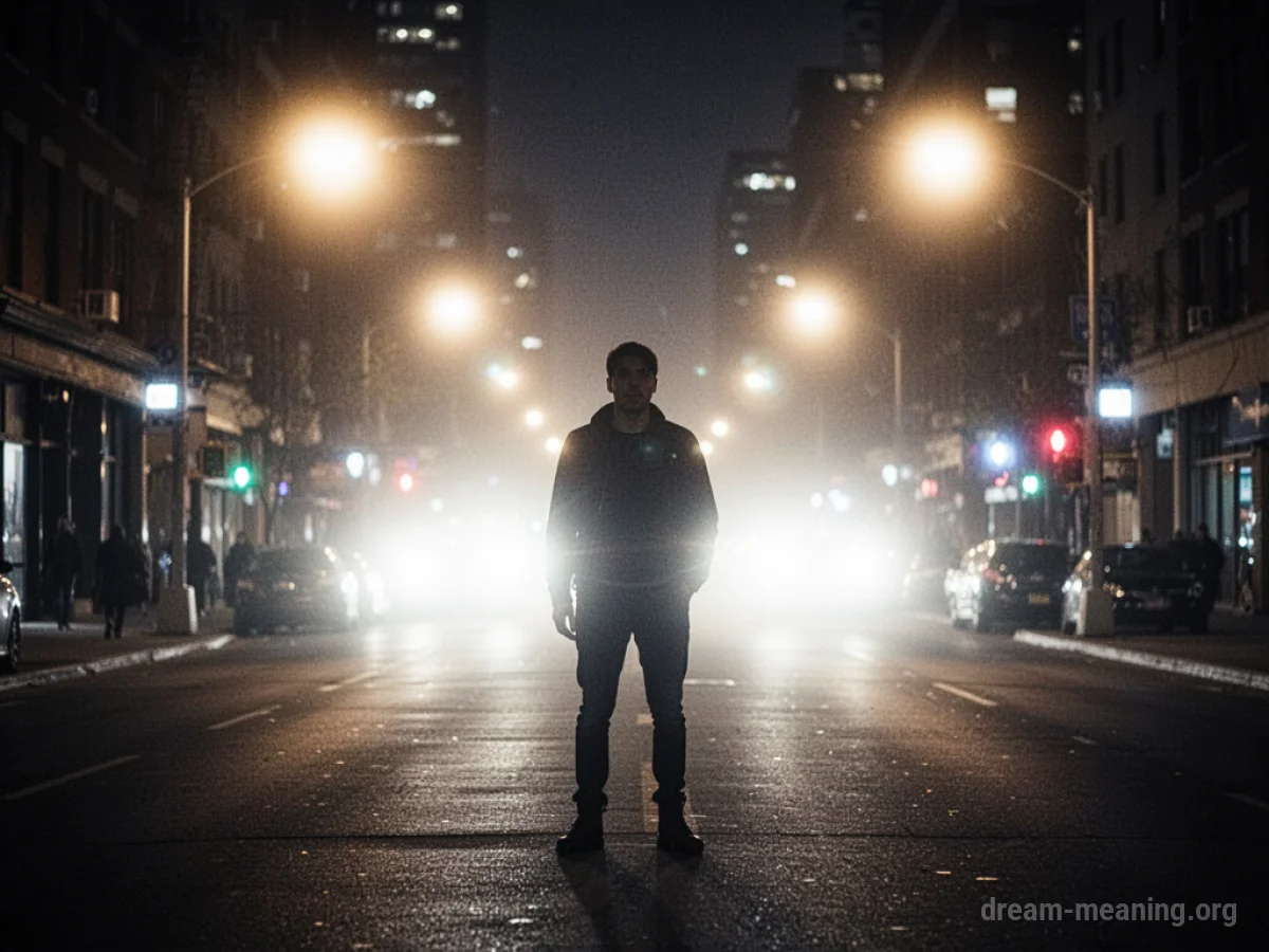 Silhouette of a person facing intensely bright city lights on a dark street.