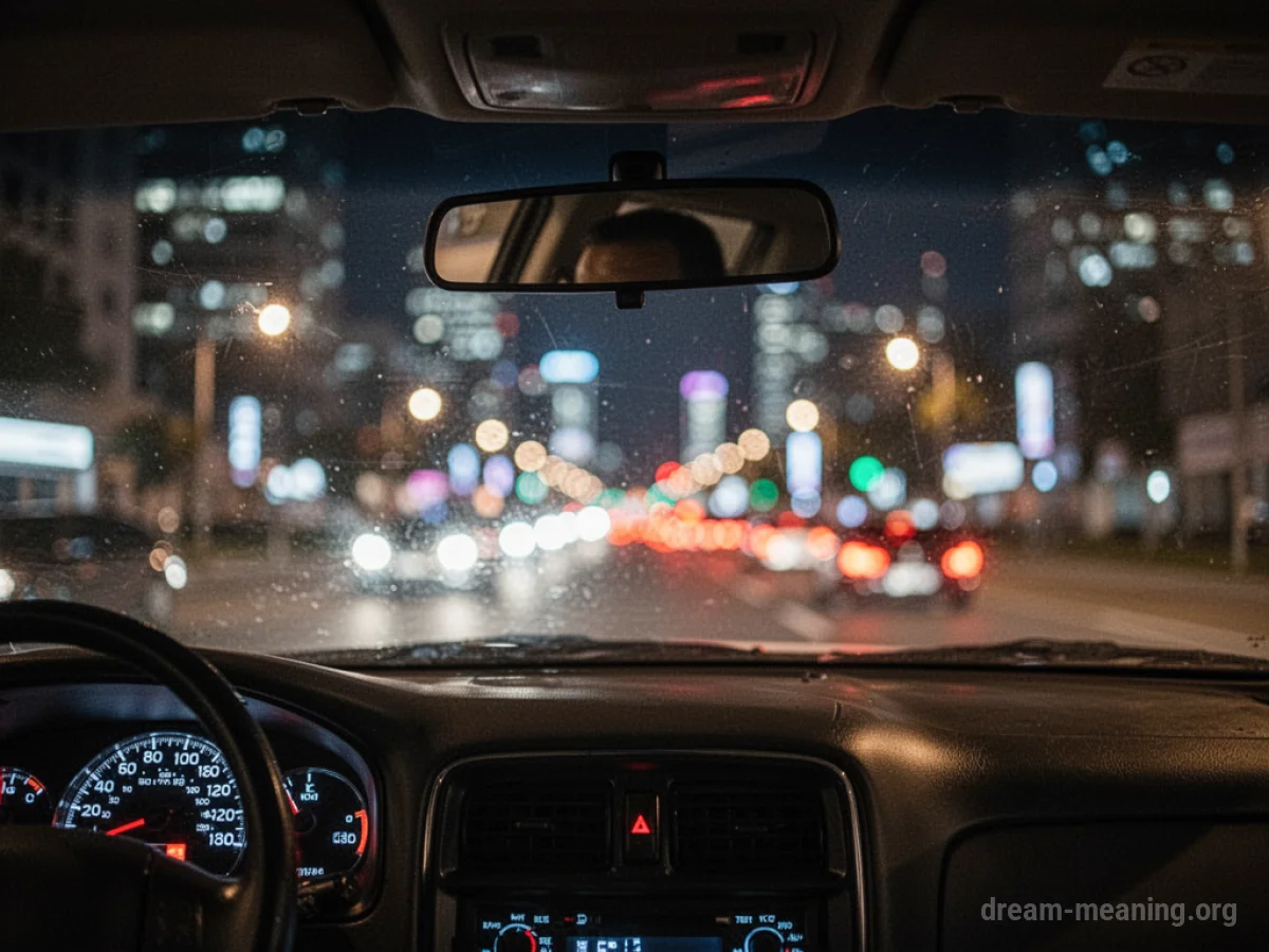 View of blurred city lights through a car windshield at night.