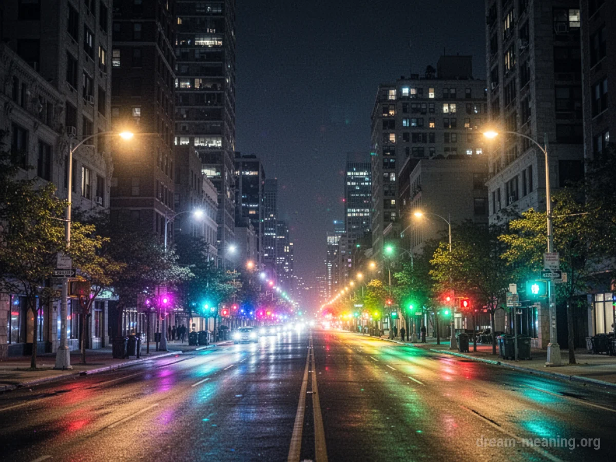 A city skyline at night with lights shifting through various colors.