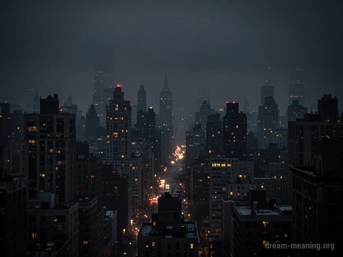 A cityscape at night with most lights extinguished.