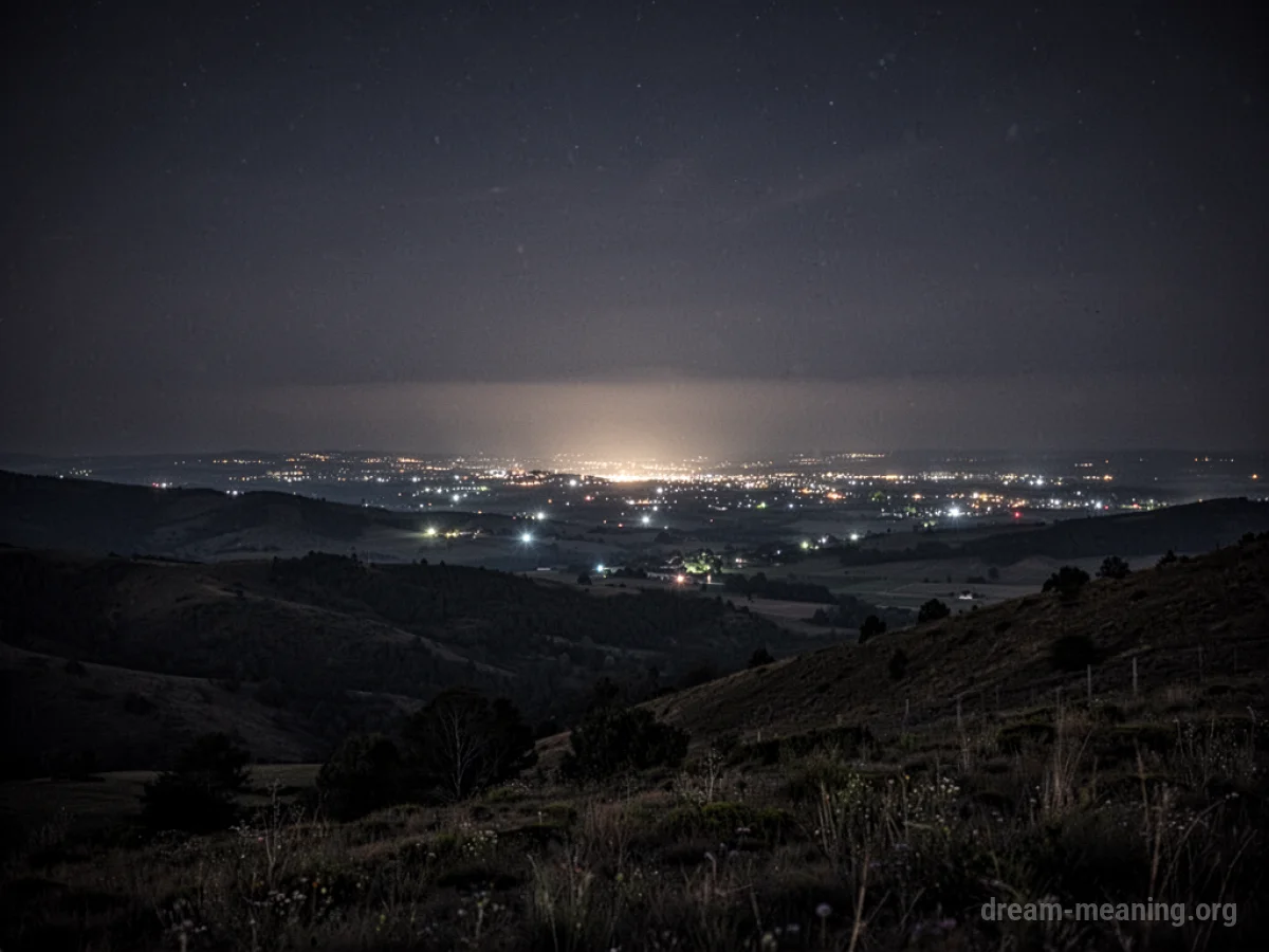 Distant city lights glowing faintly on a dark horizon.