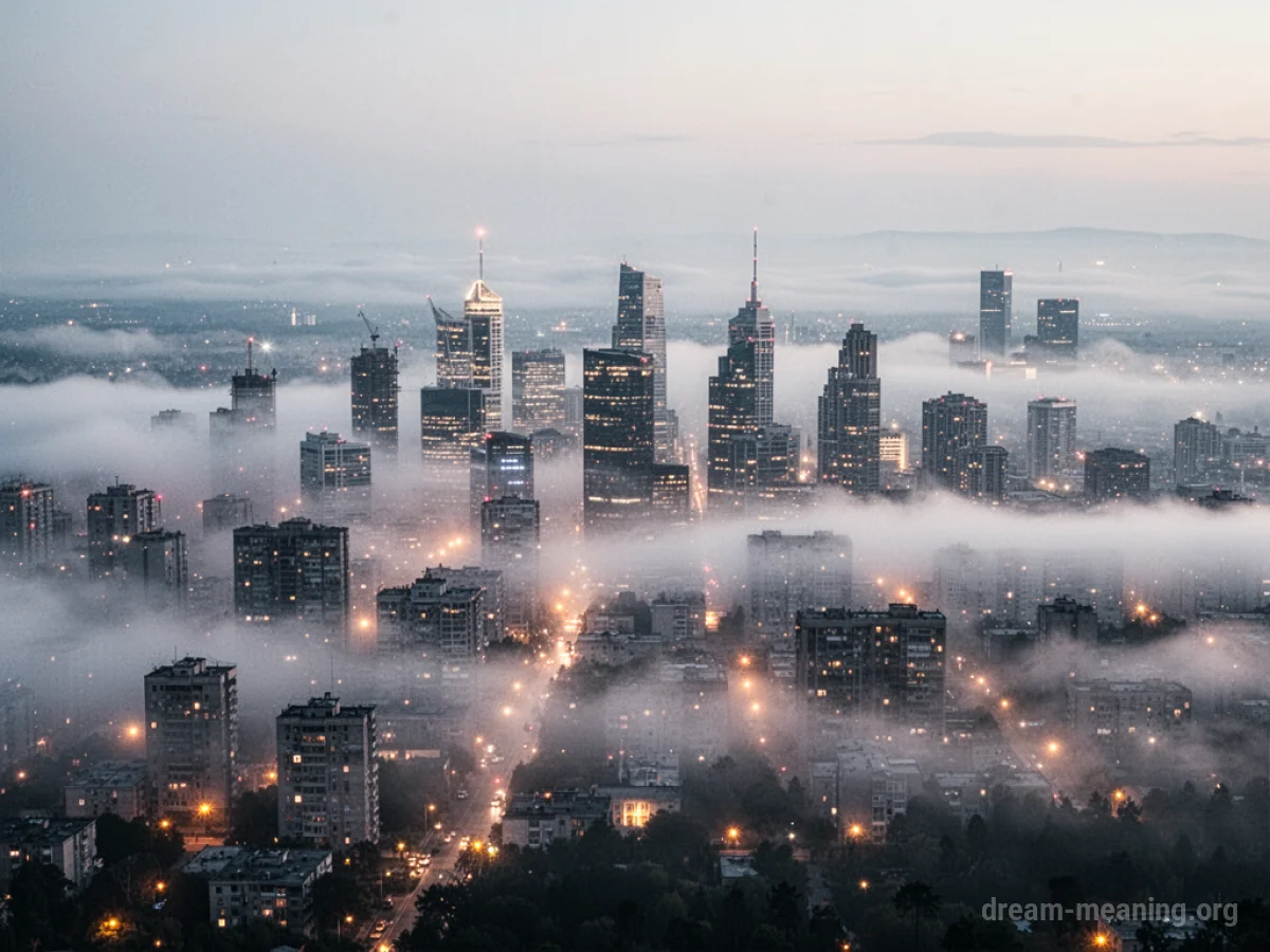 A city skyline viewed through a dense fog, with lights faintly visible.
