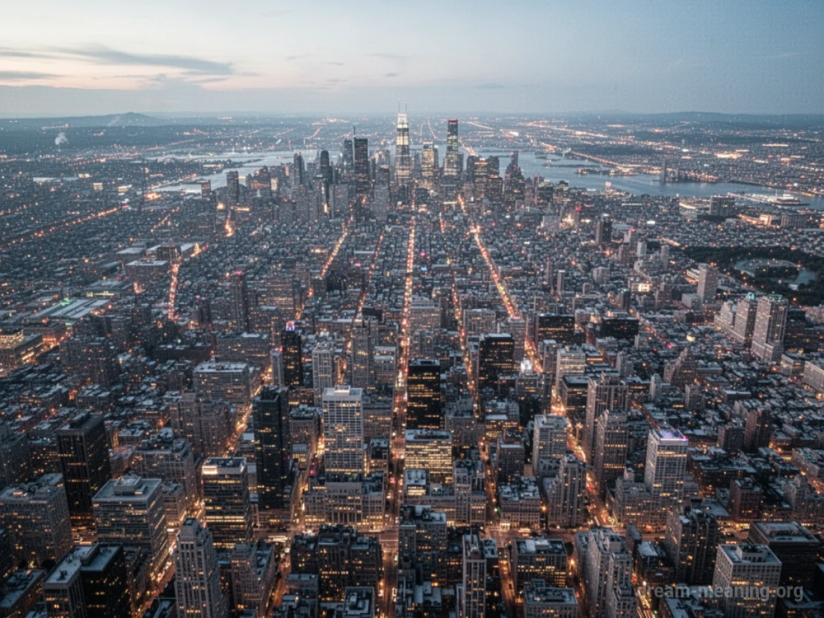 A wide aerial view of a city at night, showing many illuminated buildings and streets.
