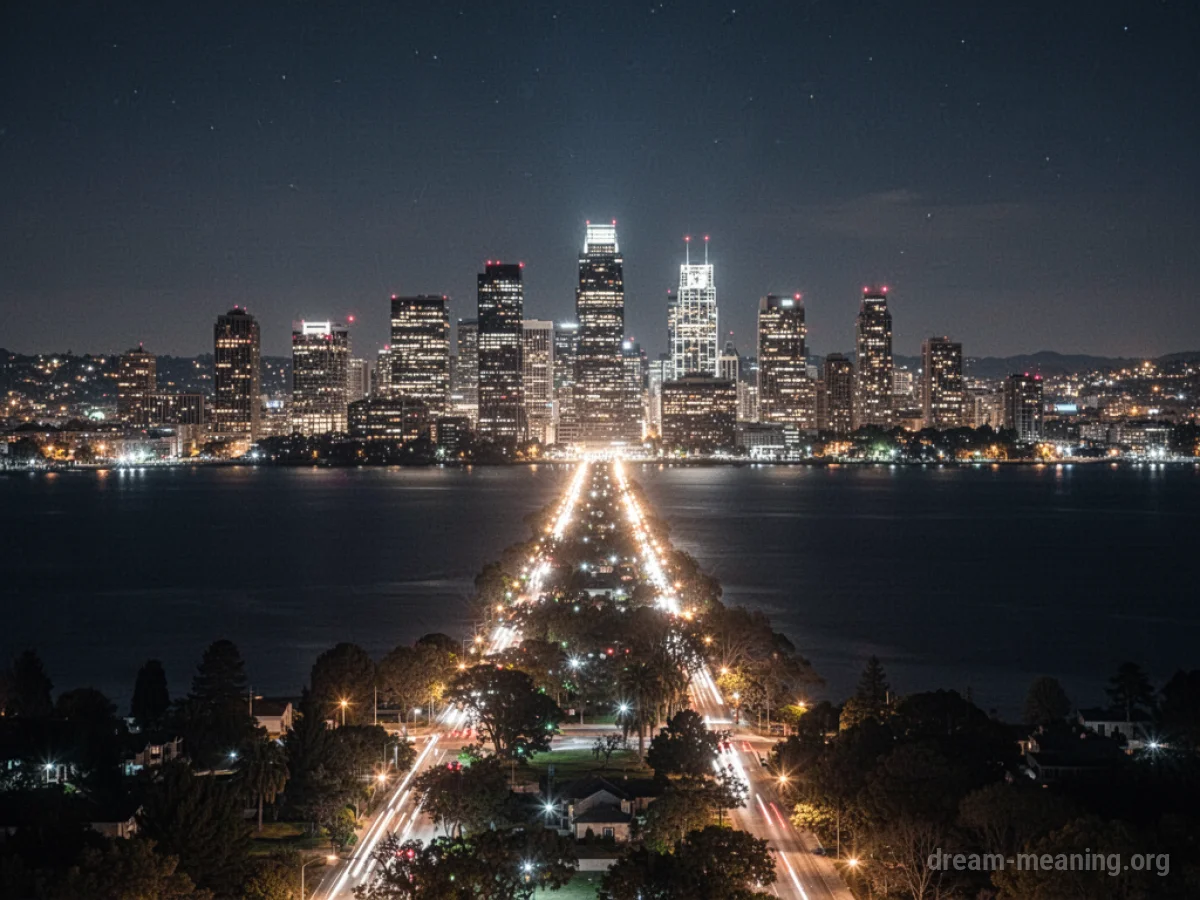 A pathway of illuminated city lights stretching towards a distant urban landscape.