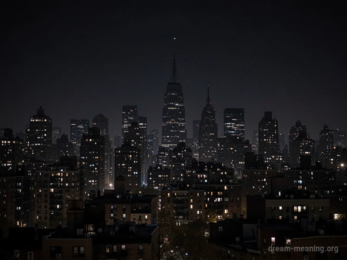 A darkened city skyline with no lights visible.