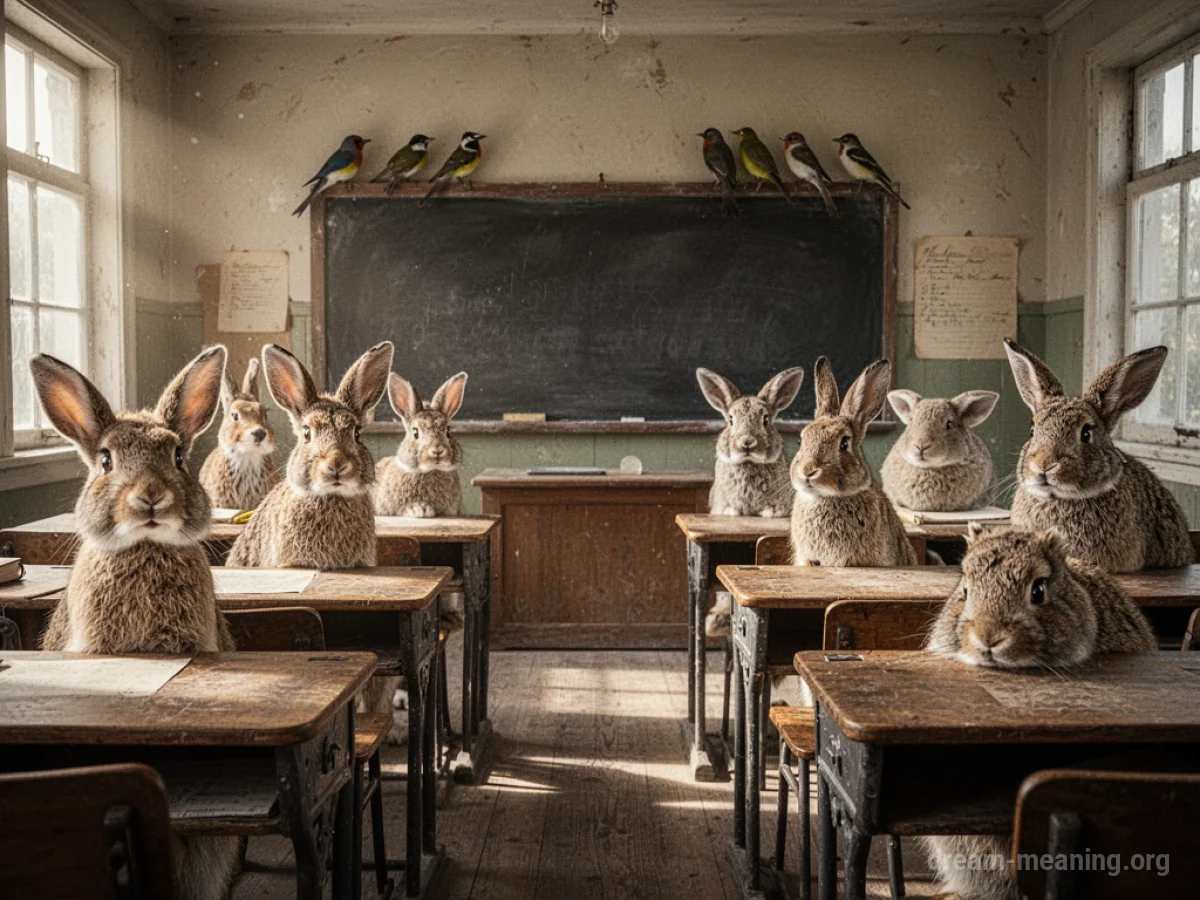 A classroom filled with various wild animals sitting at desks.
