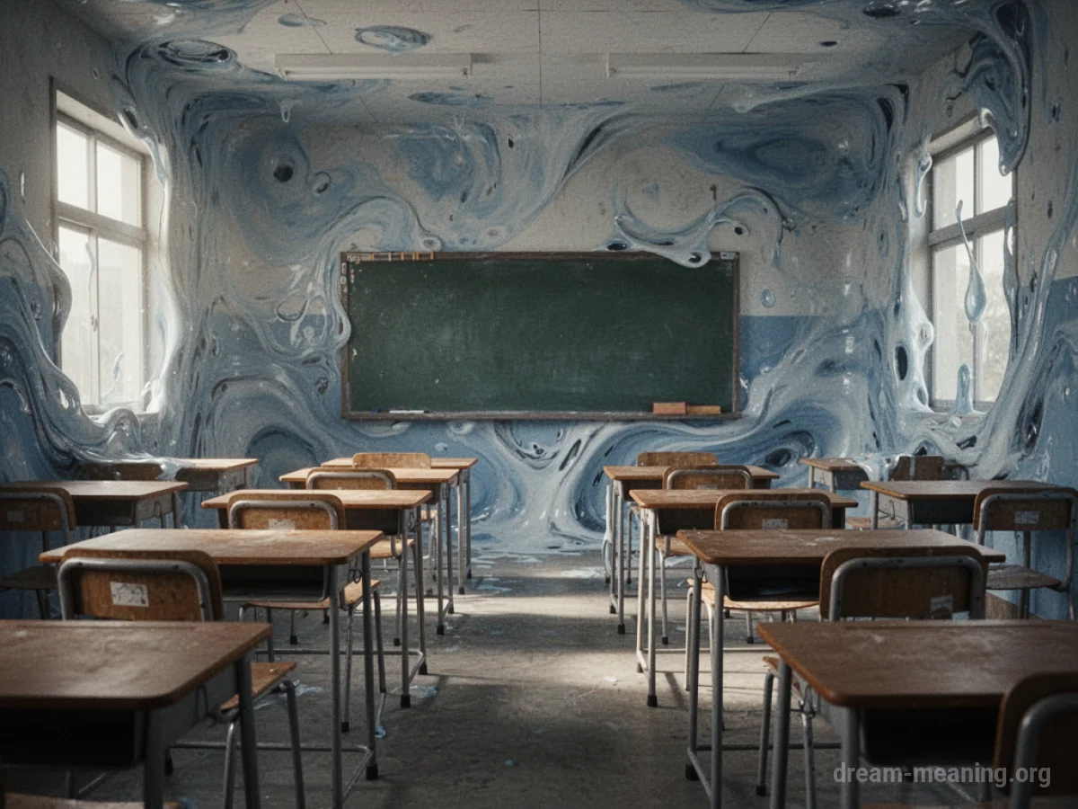 A classroom with fluid, shifting walls and distorted furniture.