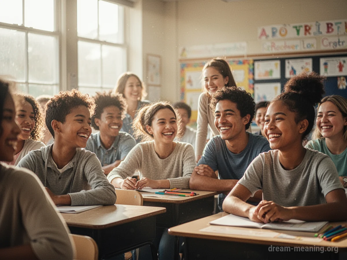 A group of diverse people smiling and engaging with each other in a classroom setting.