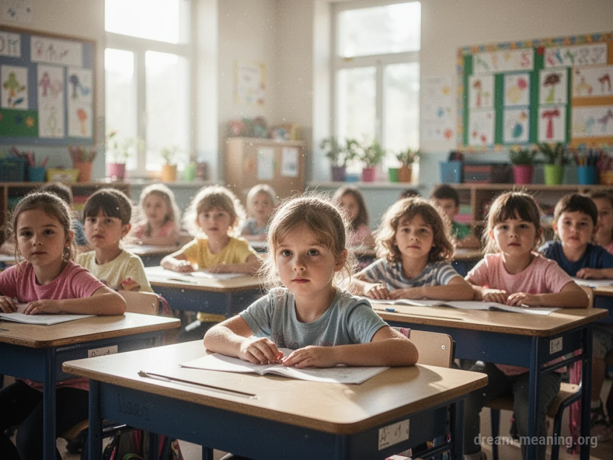 A classroom setting with many young children seated at individual desks.