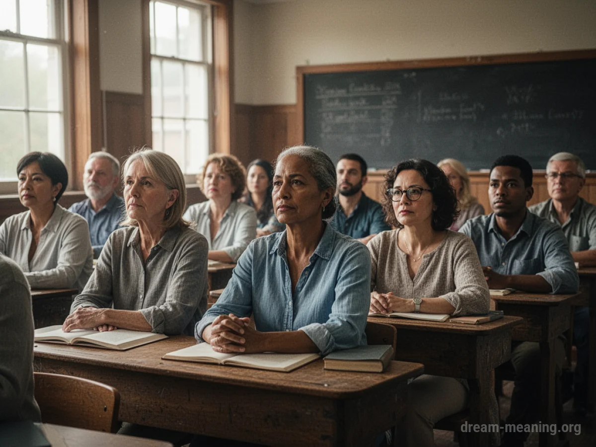 Several adults are seated at desks in a classroom.