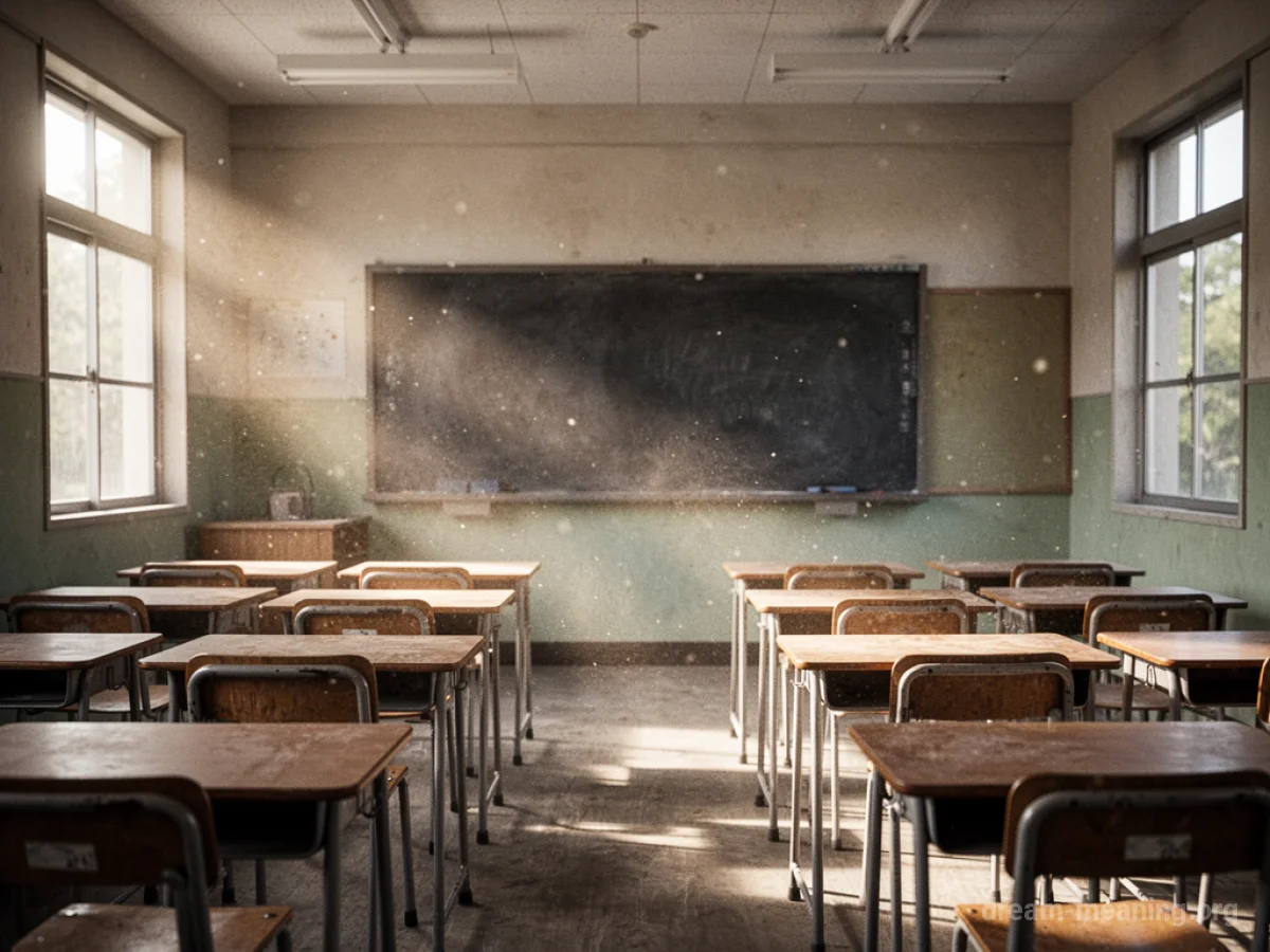 An empty classroom with desks and a blackboard.