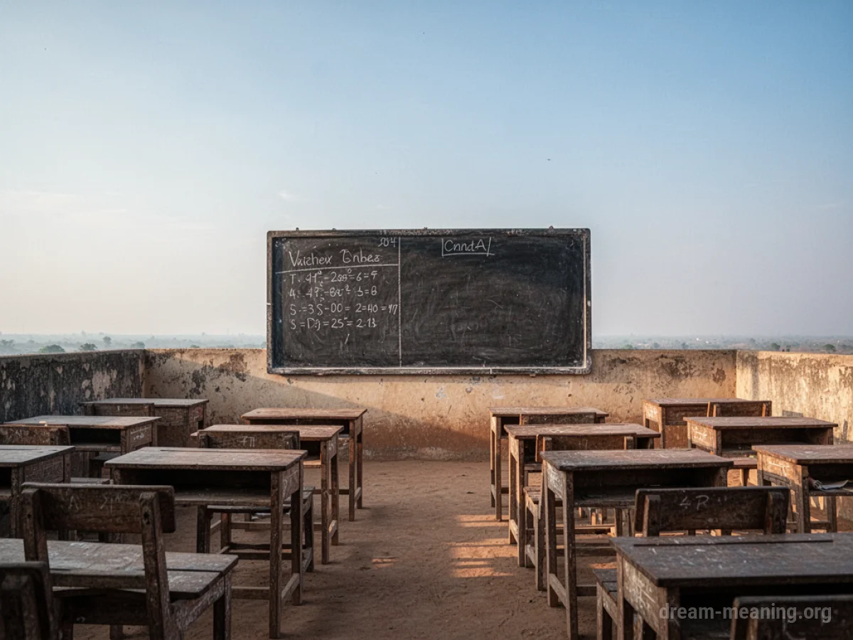 An outdoor classroom with desks and a blackboard under an open sky.