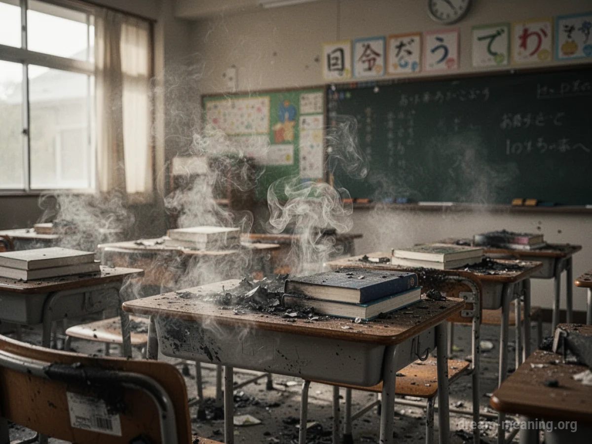 A classroom interior with flames and smoke emanating from the desks.