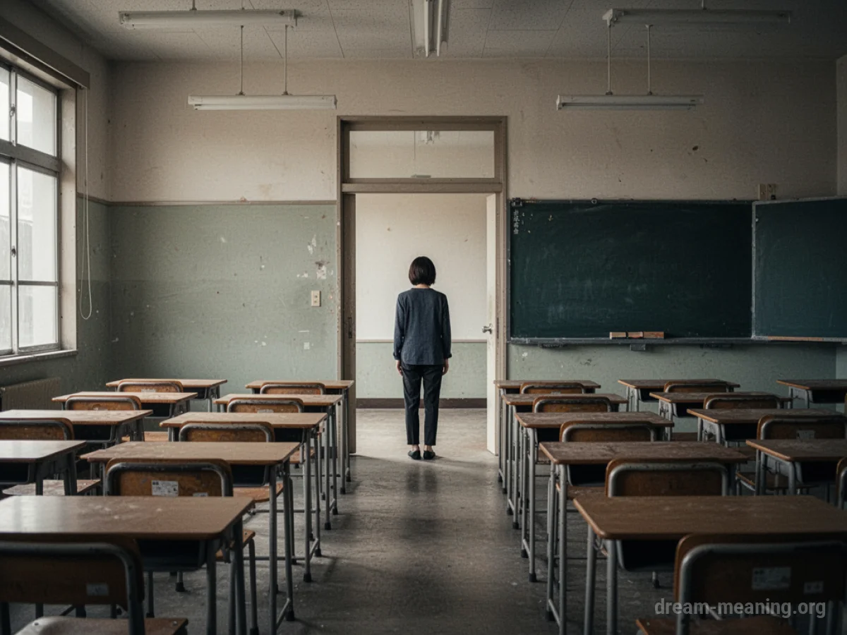 A person stands at the entrance of an empty classroom.