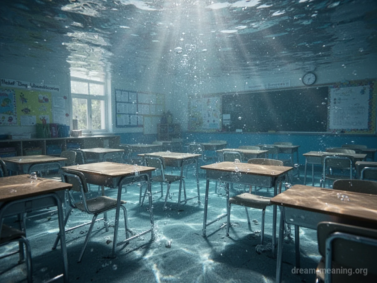 A classroom interior filled with water, with desks and chairs visible.