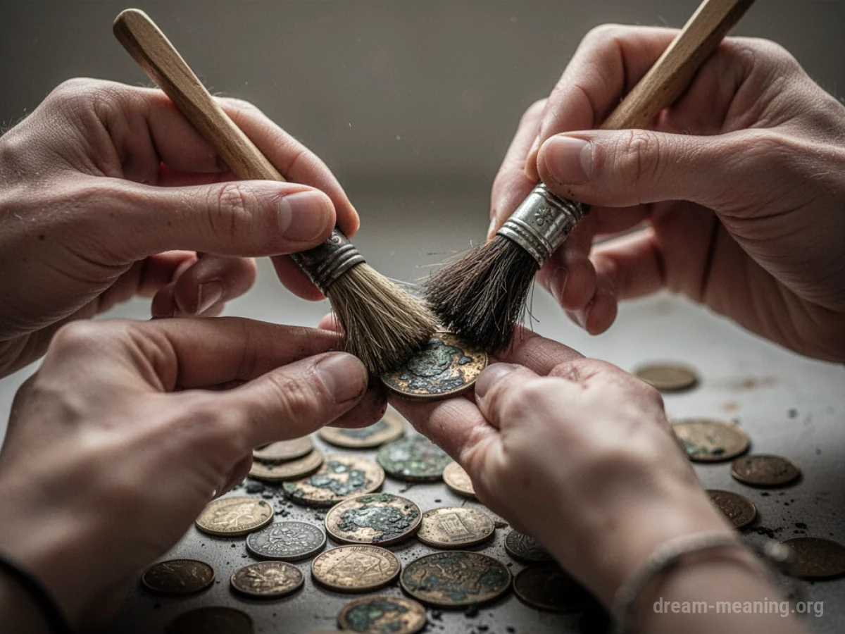 Hands cleaning tarnished coins with a brush.