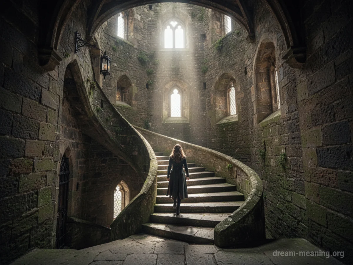 A person climbing a stone staircase inside a tall castle tower.
