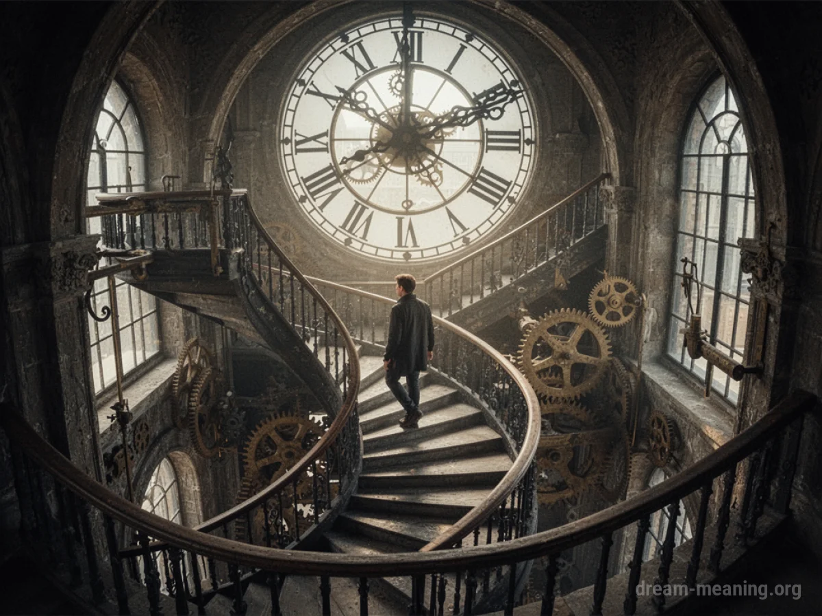 A person climbing stairs inside a large clock tower.