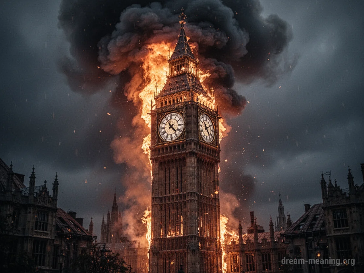 A clock tower on fire.