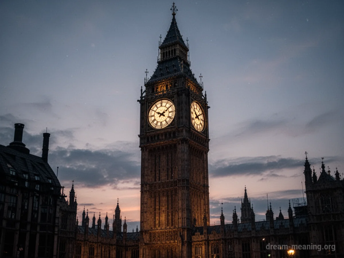 A large clock tower against a dusky sky.
