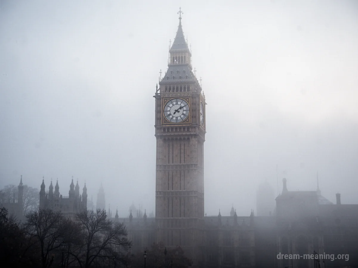 A clock tower dissolving into a foggy background.