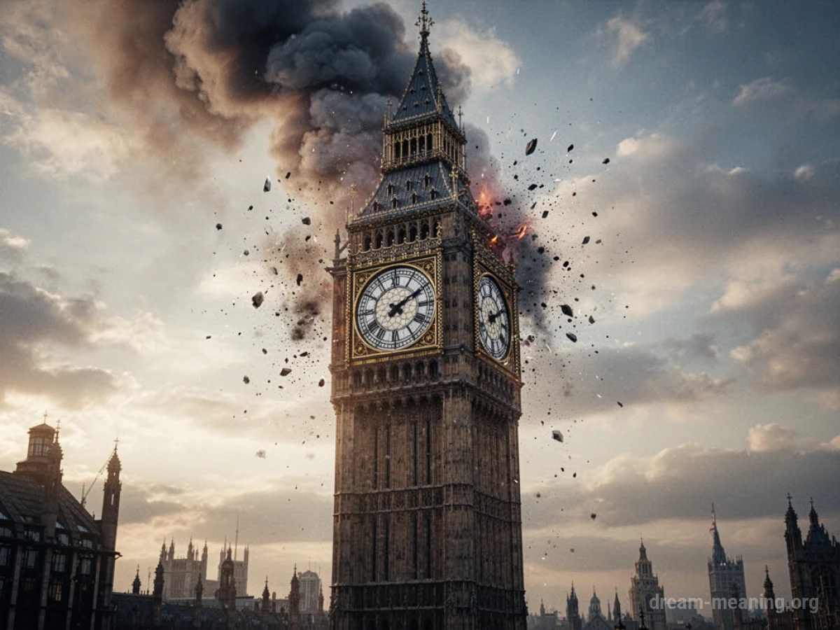 A clock tower engulfed in smoke and debris.