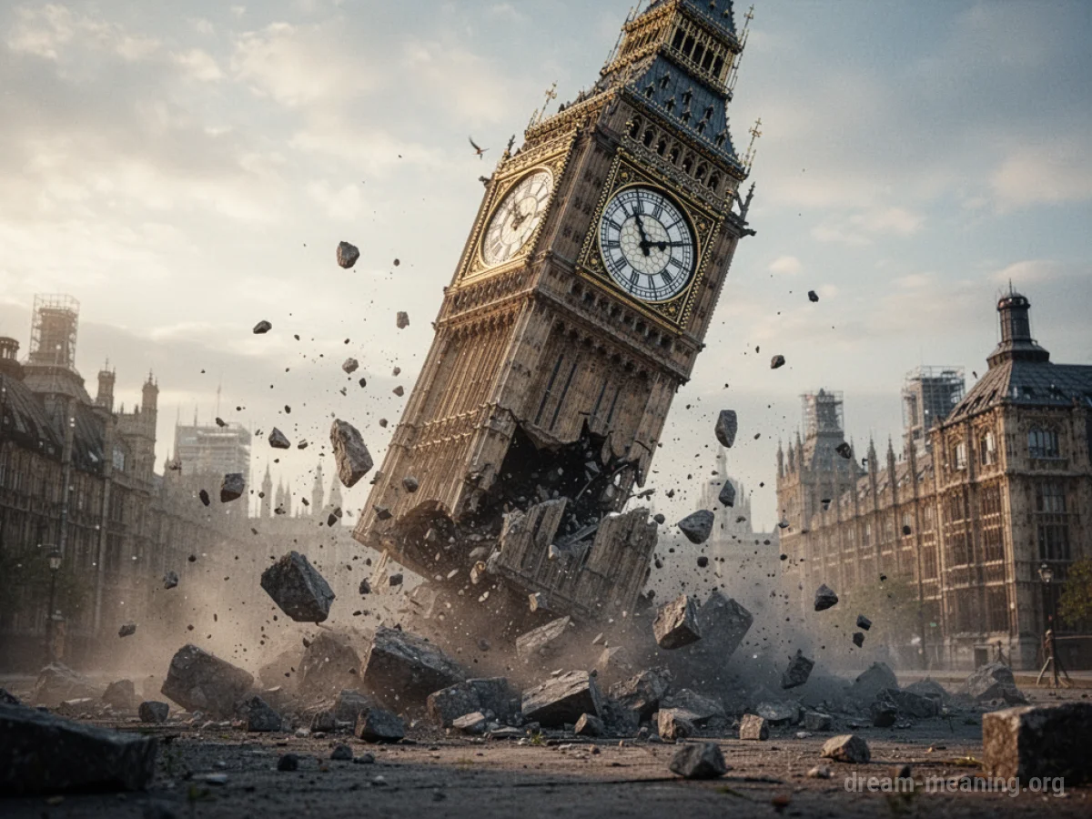 A clock tower collapsing and breaking apart.