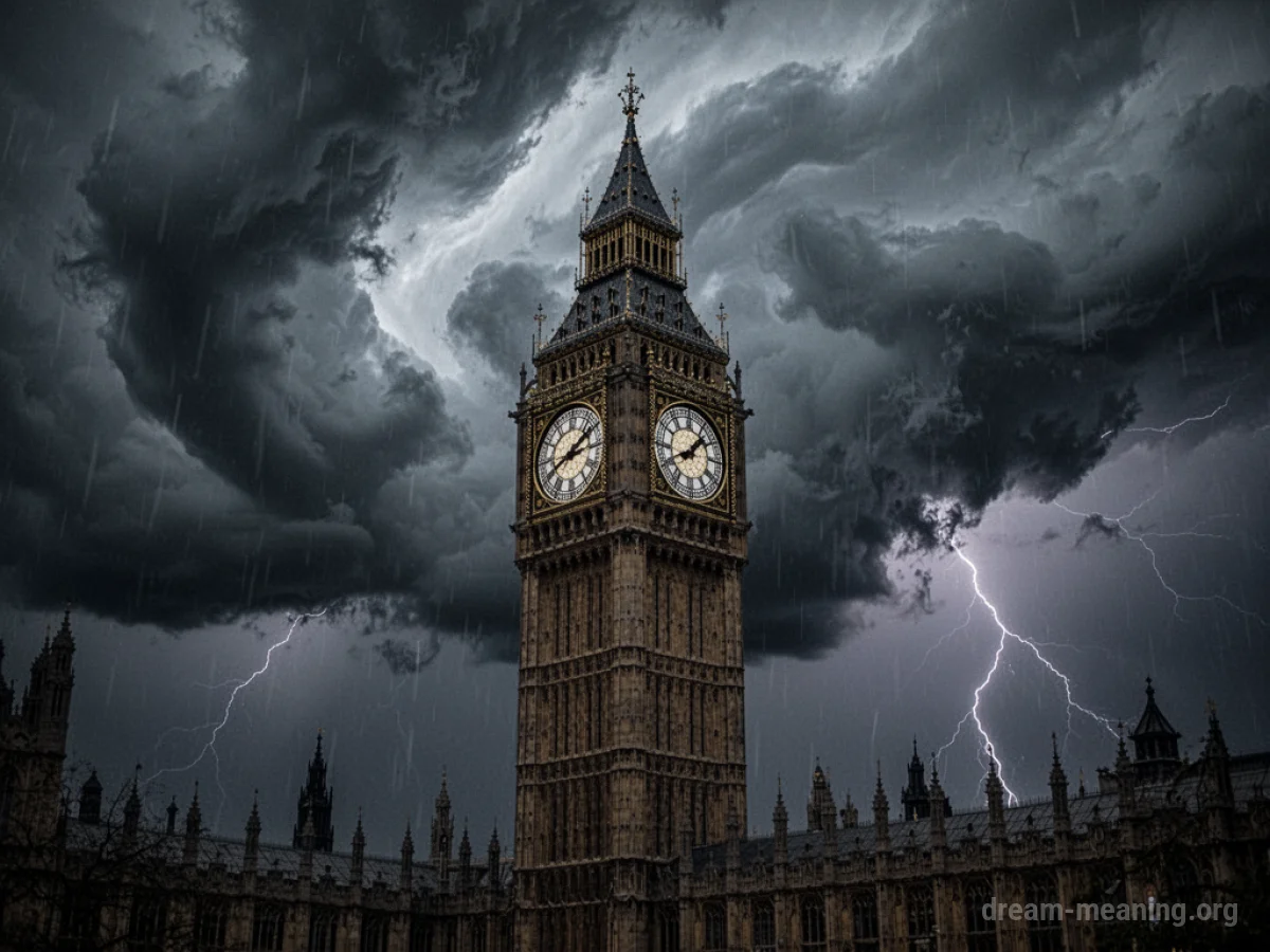 A clock tower silhouetted against a stormy sky with rain.