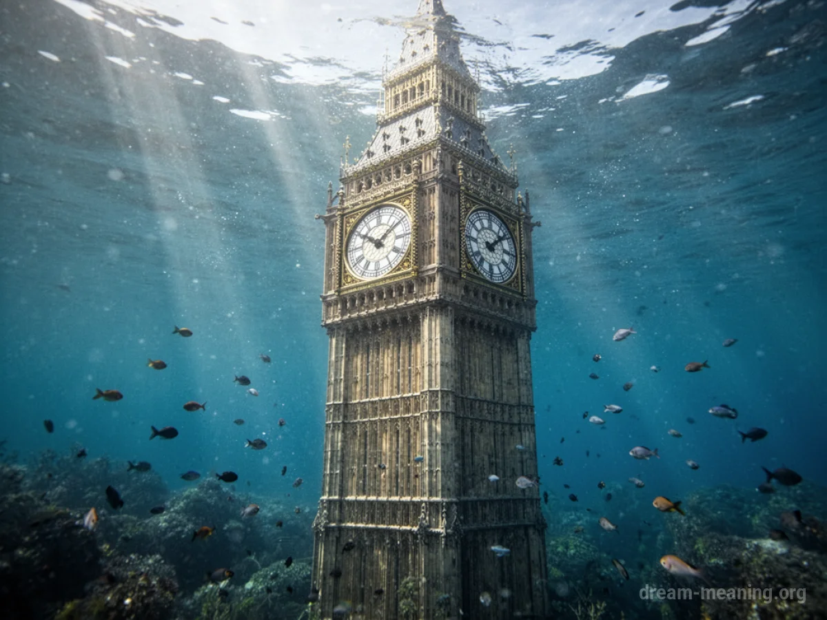 A clock tower submerged in water.