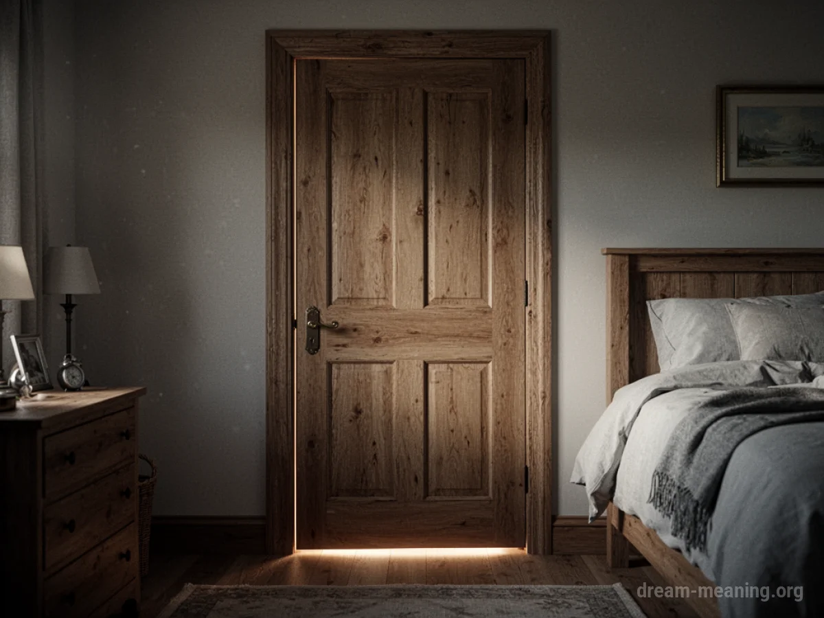 A closed wooden door with light peeking from the bottom.