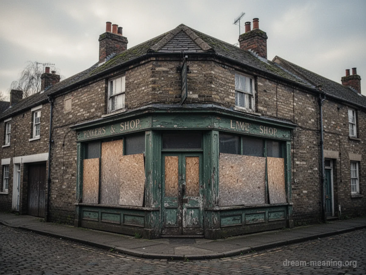 An exterior view of a corner shop with its entrance sealed by wooden boards.