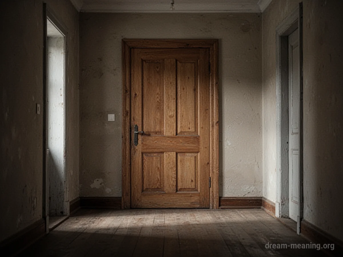 A closed wooden door in a hallway.
