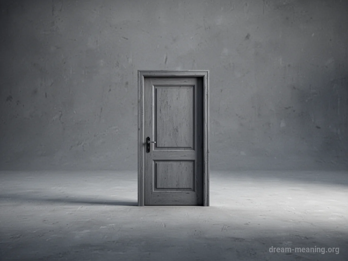 A solitary door in a vast, empty gray space.