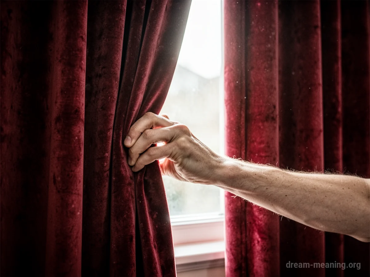 A hand drawing thick fabric curtains closed.