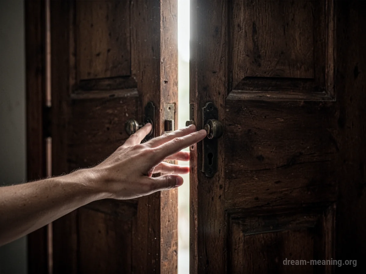 A hand reaching towards a partially open door.