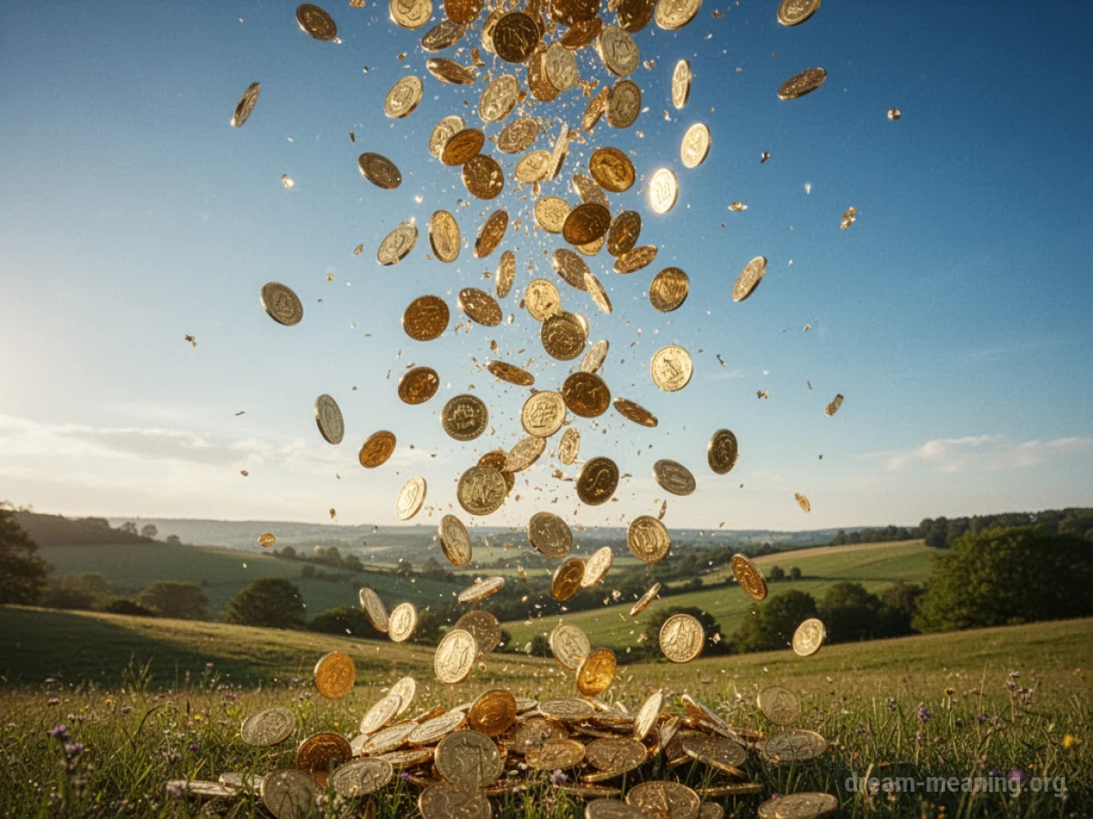 Golden coins falling from a blue sky onto a green field.