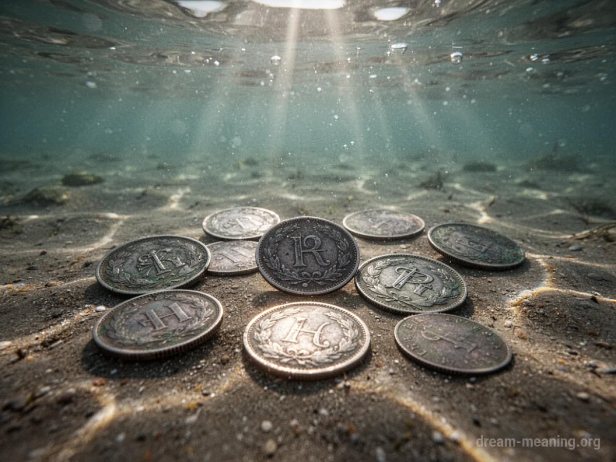 Coins submerged in clear water on a sandy bottom.