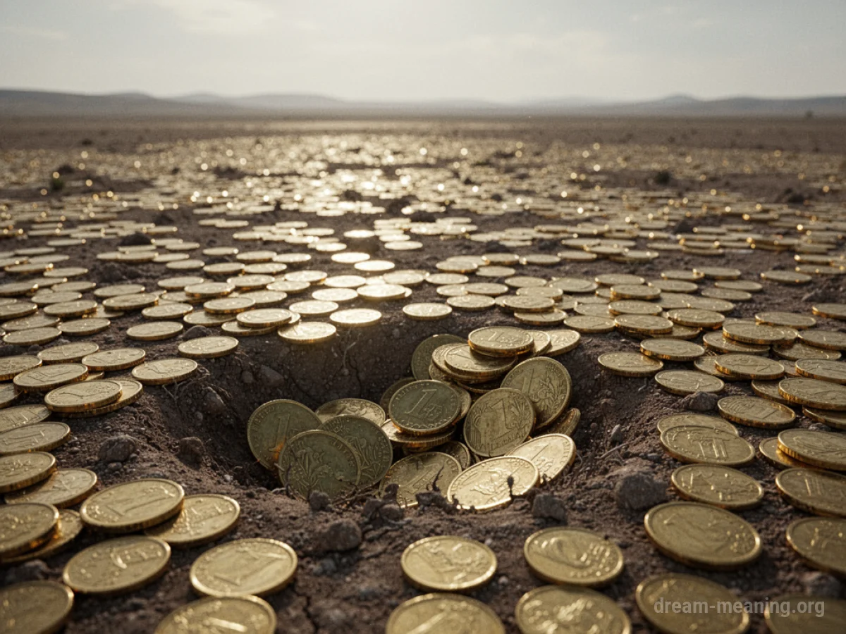 A wide view of numerous gold coins spread out on a flat surface.