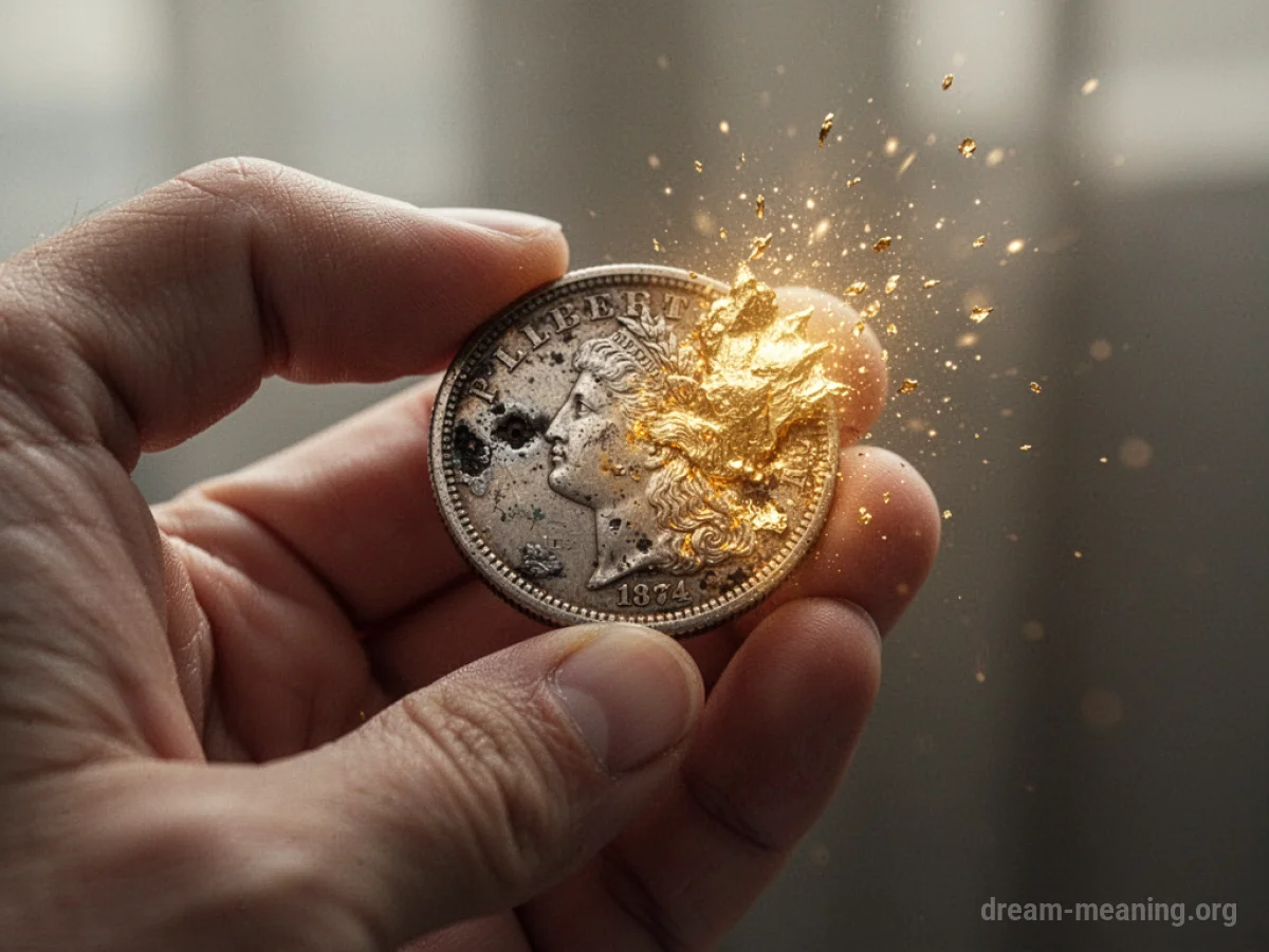 A hand holding a coin as it turns into gold.