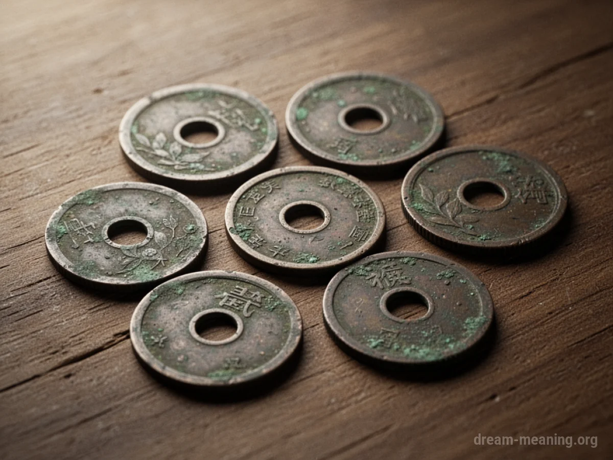 Several old coins with circular holes in their centers.