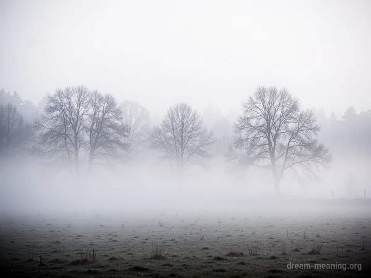 Thick white mist blanketing a landscape with only the tops of bare trees visible.