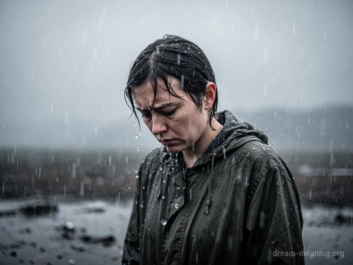 A person standing in a downpour of cold rain under a grey sky.
