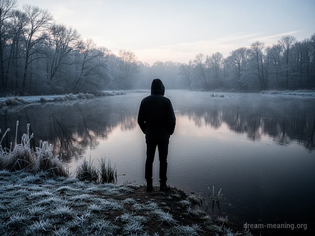 Silhouette of a person at the edge of dark water.