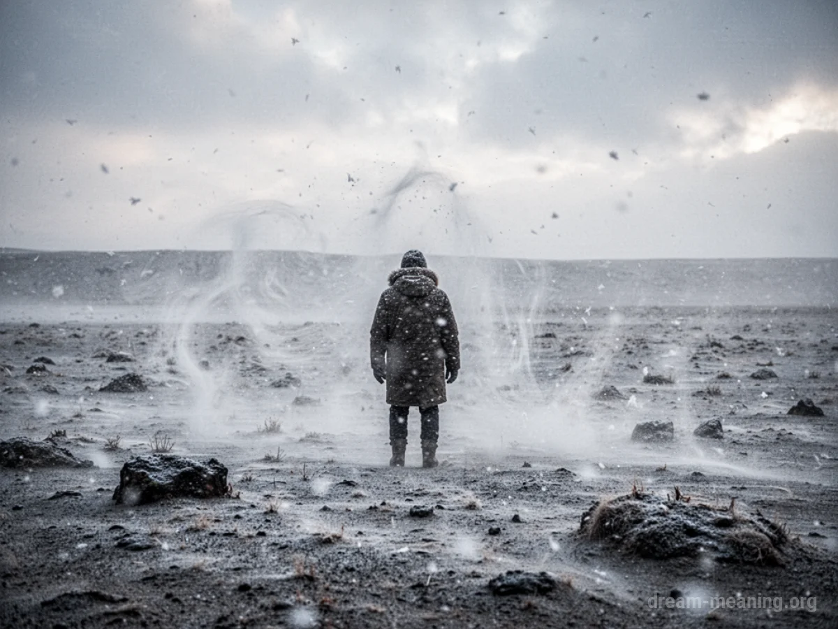 A person stands alone against a strong wind and blowing snow in a barren landscape.