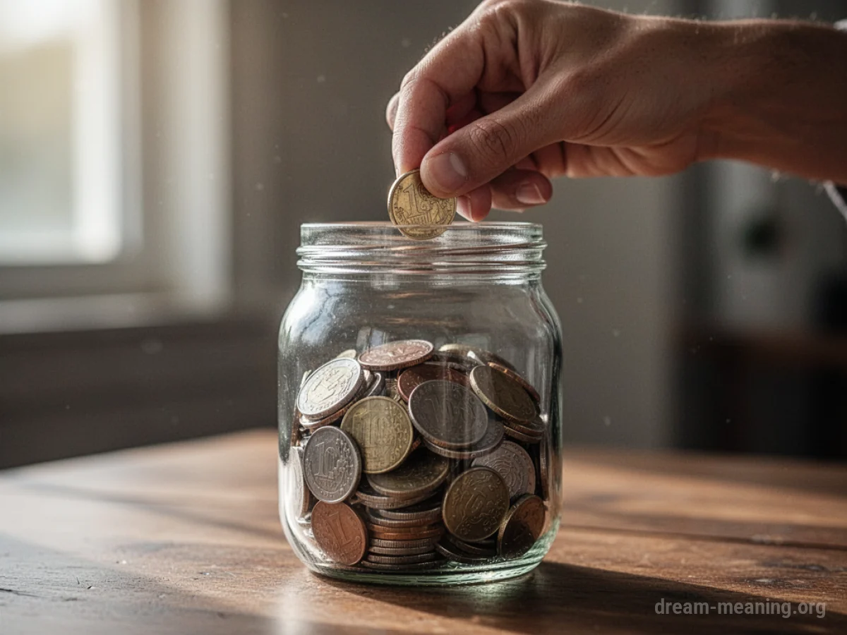 A hand placing a coin into a glass jar.